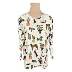 Foil Puppy Plant Pattern White Long Sleeve T-Shirt Sz M